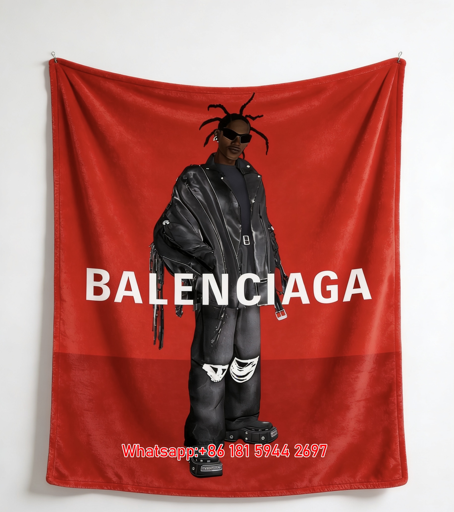 Balenciaga Red Background Figure Print Flannel Throw Blanket BA262